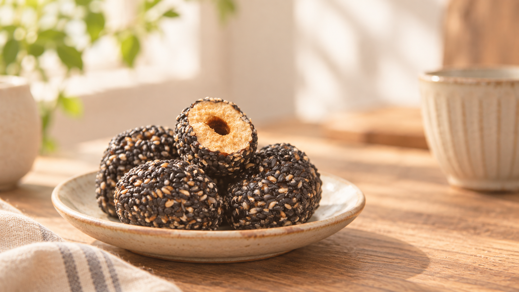 Illustrative image of black sesame red dates on a ceramic plate in soft window light.