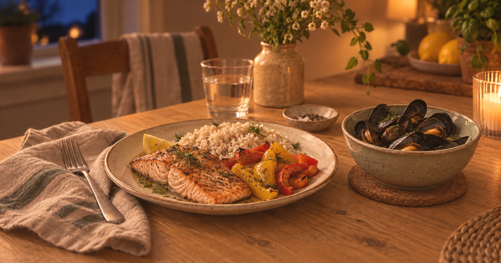 Illustrative dinner table with salmon, rice, peppers and mussels in warm evening light.
