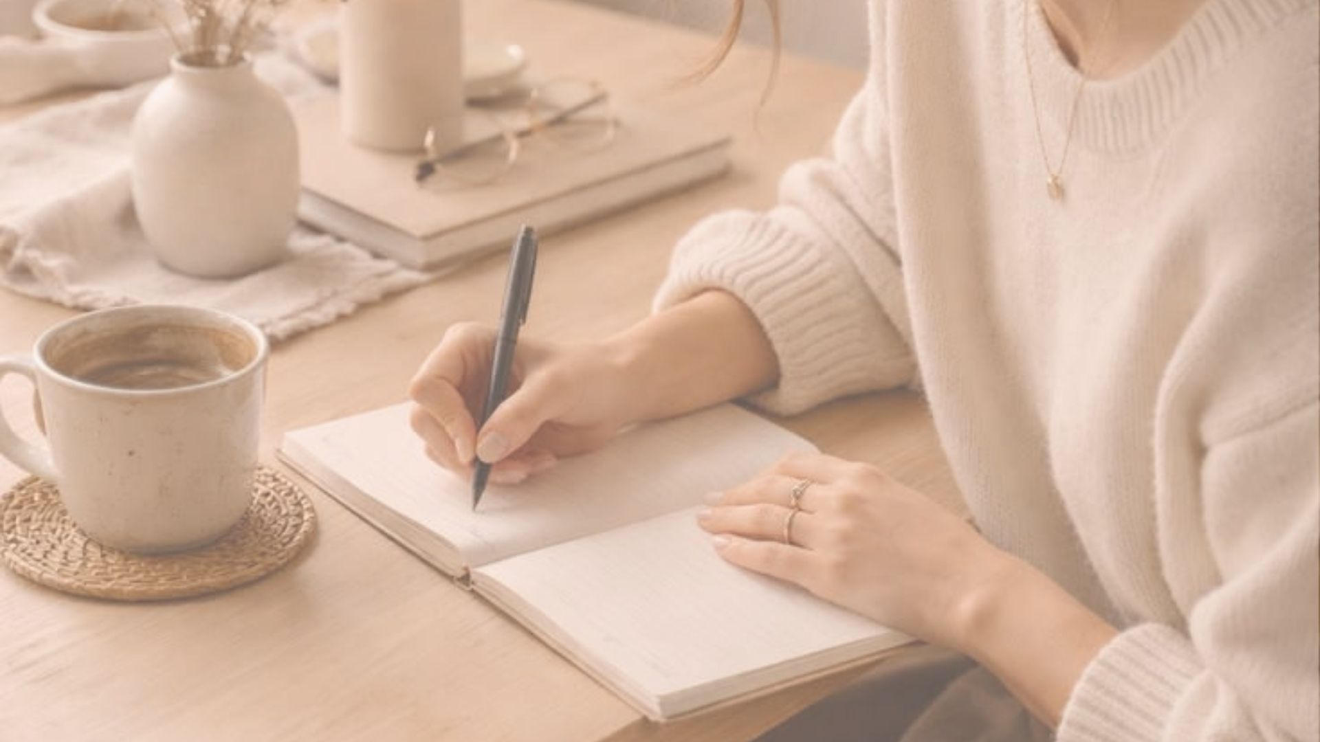A woman writing in a notebook beside a warm cup of coffee